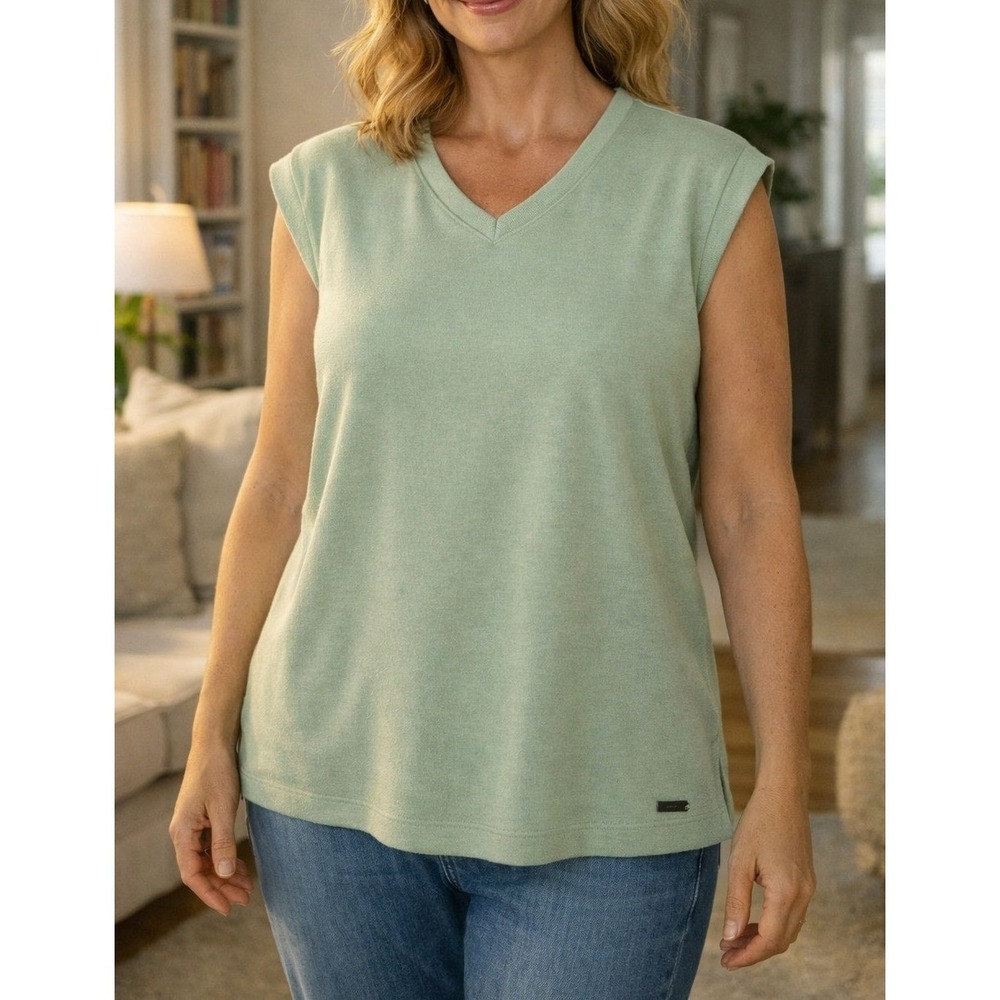Orvis Classic Collection Sage Green Metallic Shimmer V-Neck Knit Top XL EUC
